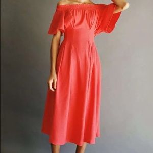 Zara Red S Off the Shoulder Linen Midi Dress